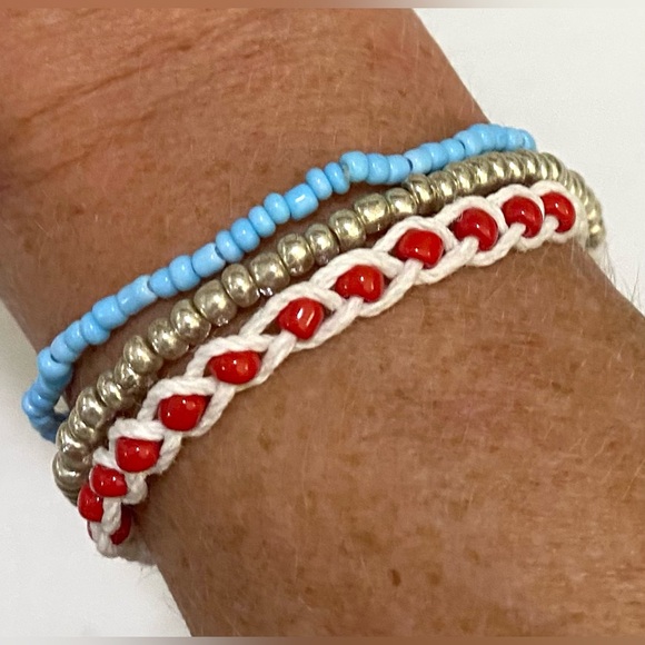 Jewelry - Red/White/Blue/Metallic Beaded/Braided Anklet/Bracelet Set (3) Boho Coastal
